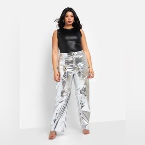 LENA METALLIC WIDE LEG CARGO PANTS - SILVER CROC